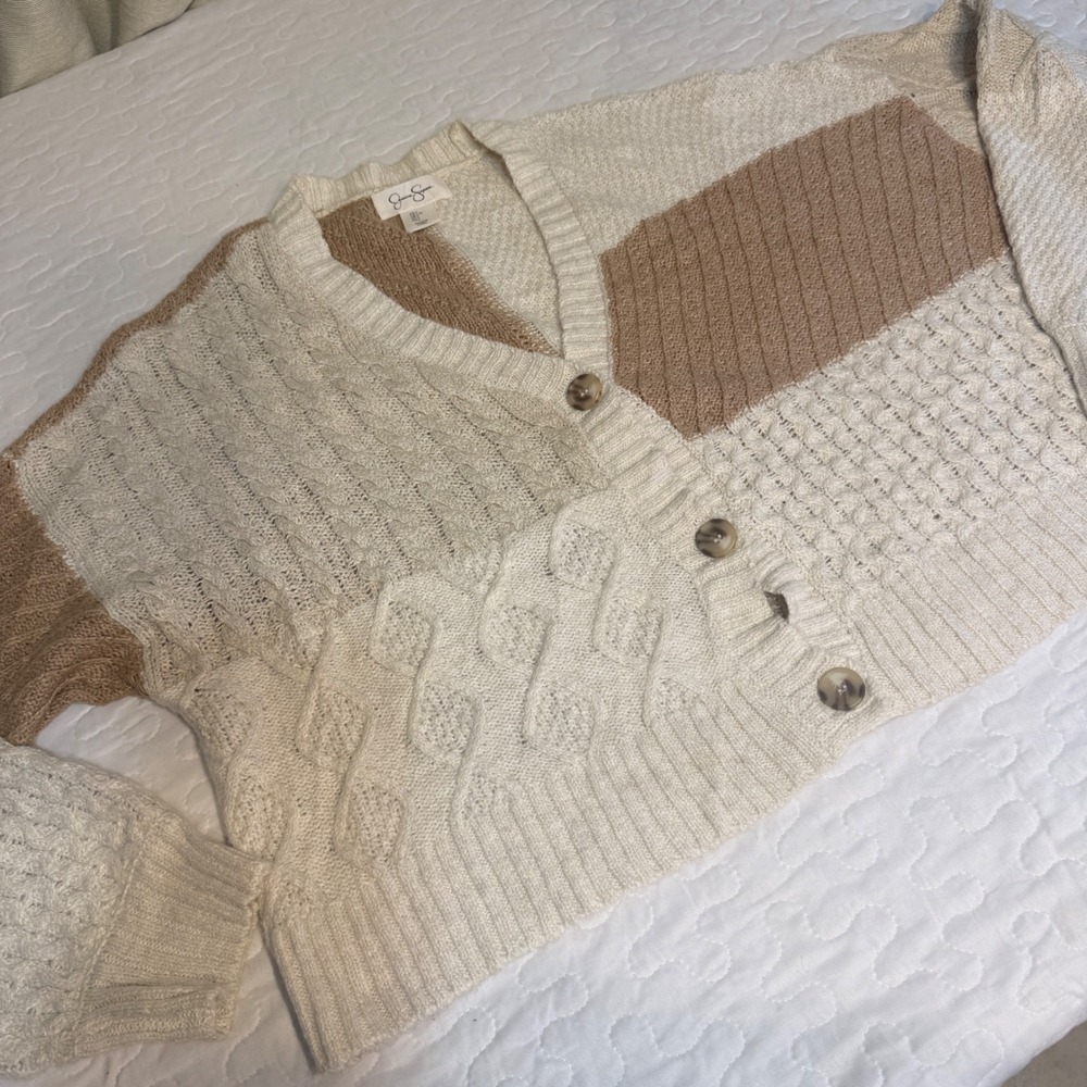 Jessica Simpson Women L Cardigan Cream Tan Cable HONEYCOMB Knit BOHO COTTAGECORE